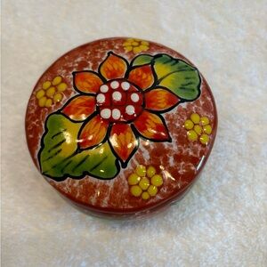 Mexican clay trinket box, beautifully hand painted with vivid colors